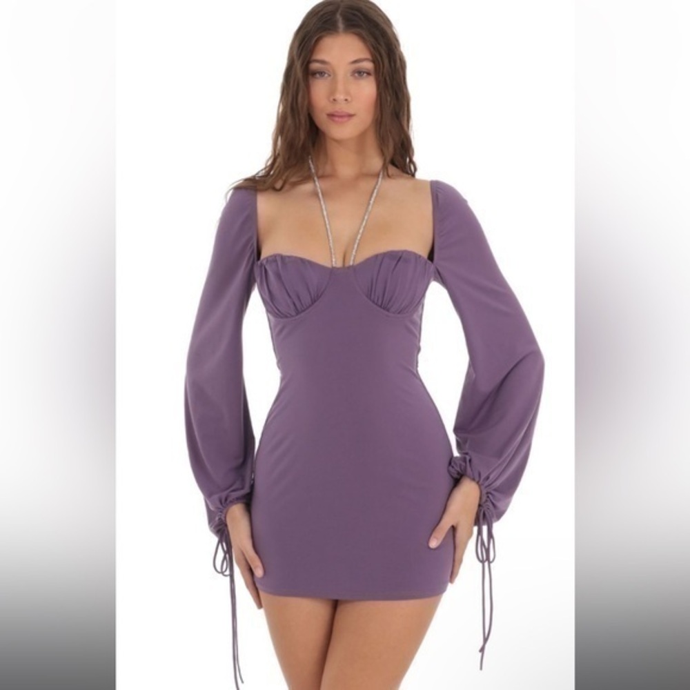 Lucy in the Sky Long Sleeve Bodycon Rhinestone Mini Dress in Purple
